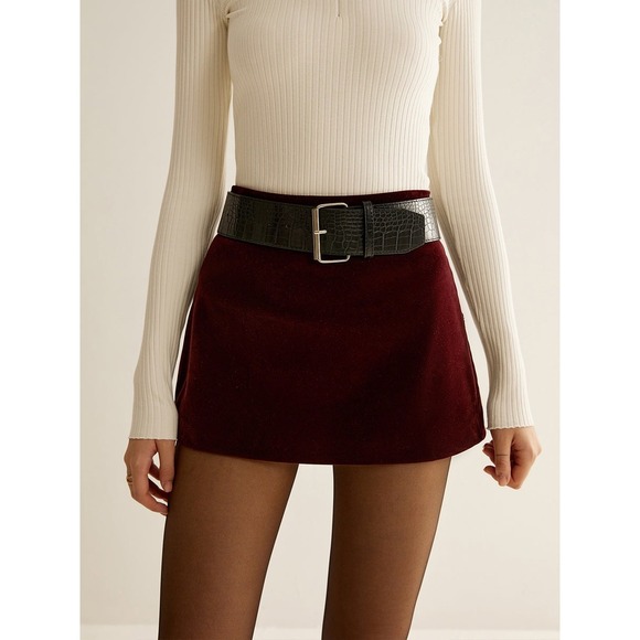 Commense Burgundy Crocodile Belted Velvet Mini Skirt Retro Style Party XL/12 - Picture 1 of 6